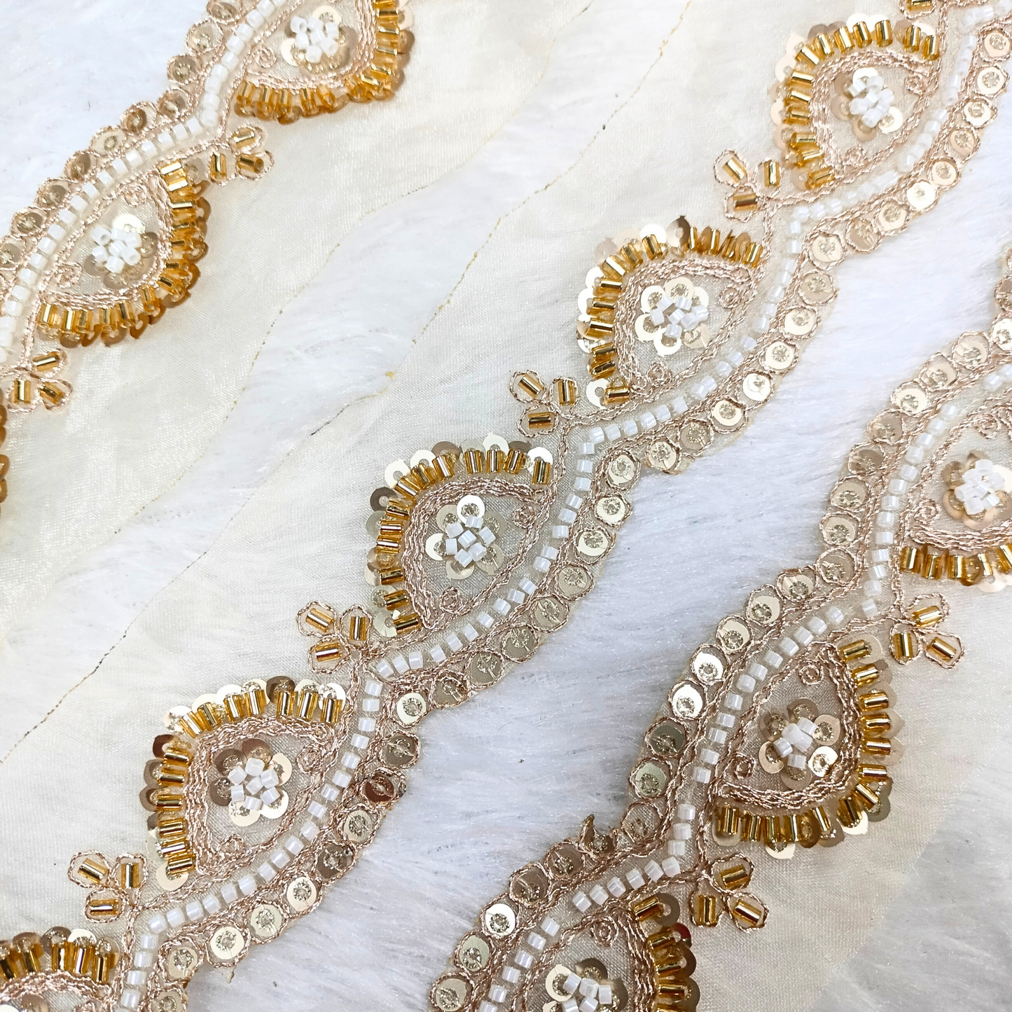 Embellished Pearl And Golden Cutdana Trim