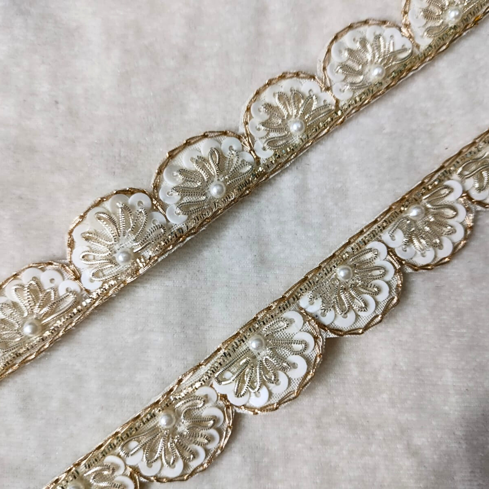 White & Gold Pearl Embroidered Lace