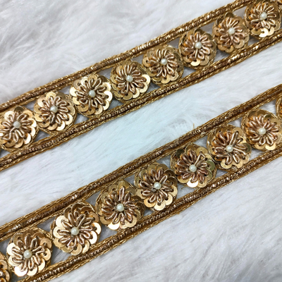 Antique Gold Floral Pearl Embroidered Lace