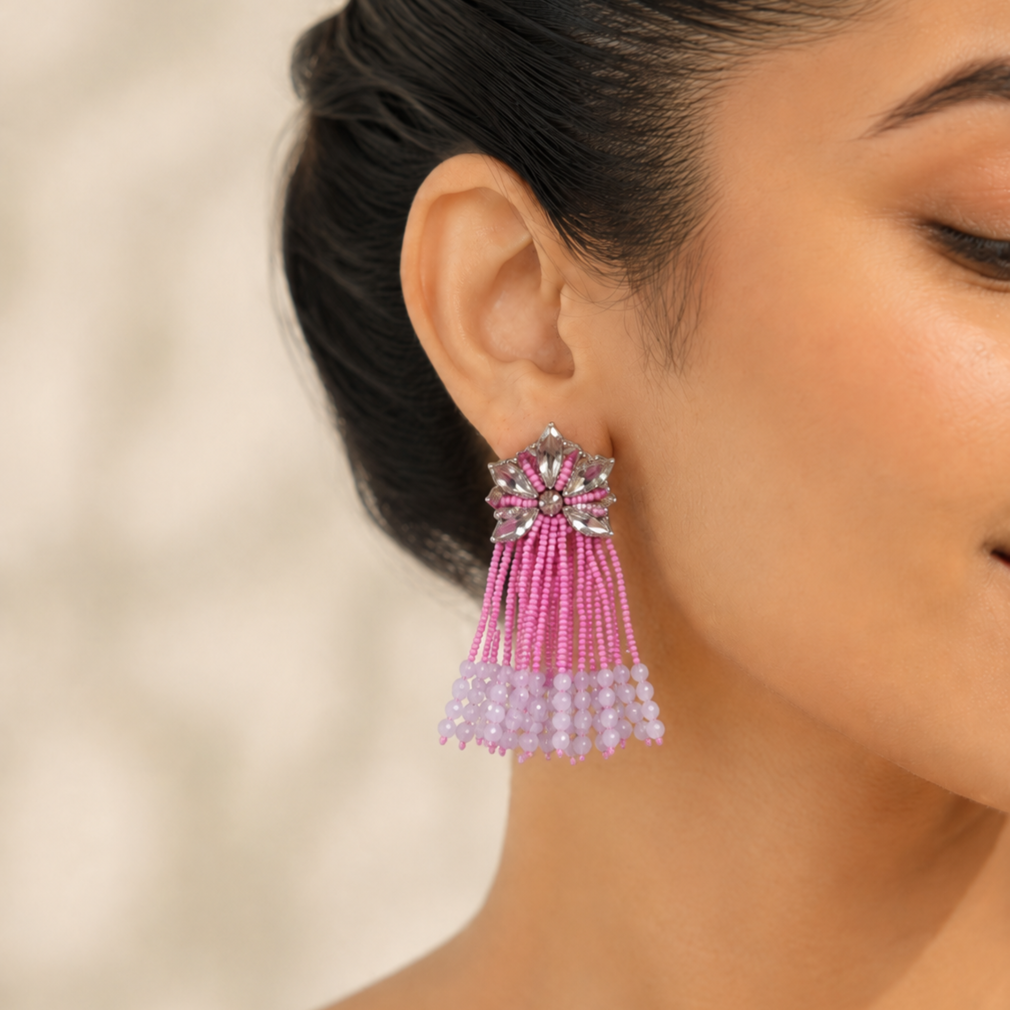 Floral Crystal & Beaded Tassel Statement Earrings