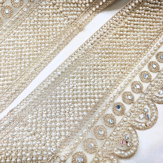 Luxe White Pearl Zari Embellished Trim