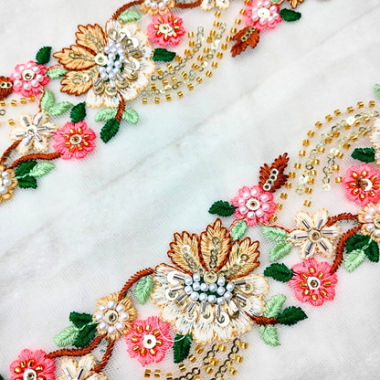 White Multicolor Floral Embroidery Trim