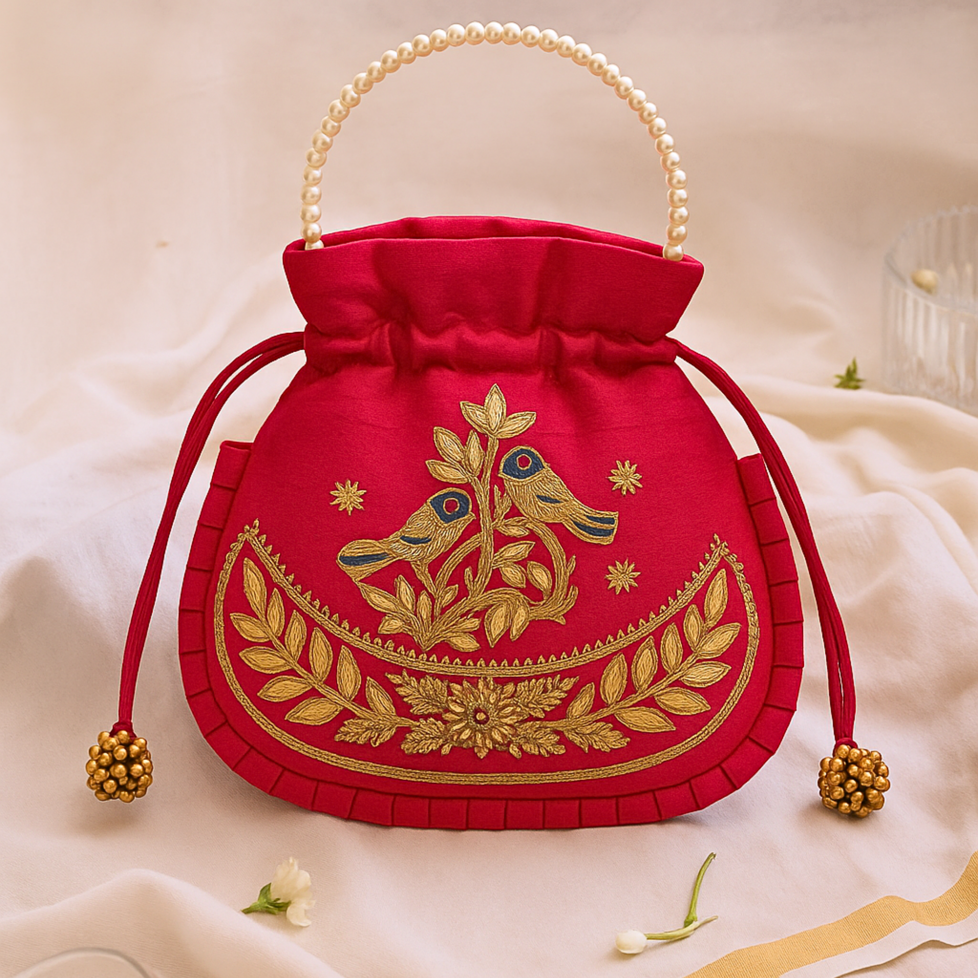 Red Regal Bird Embroidered Potli Bag