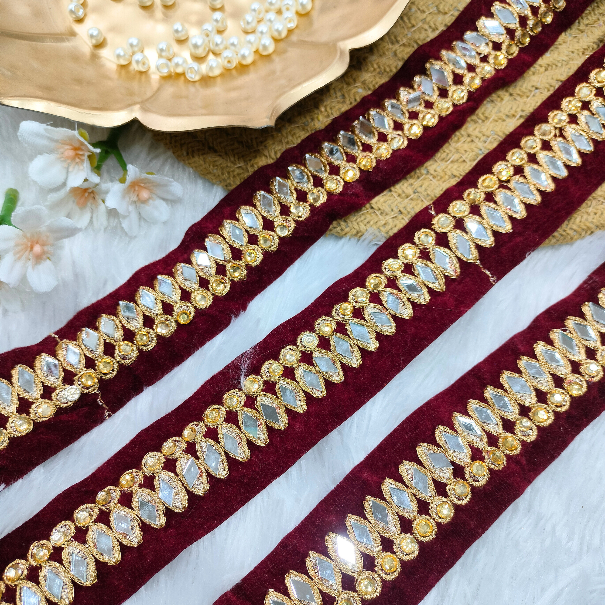 Maroon Velvet Mirror Work Lace