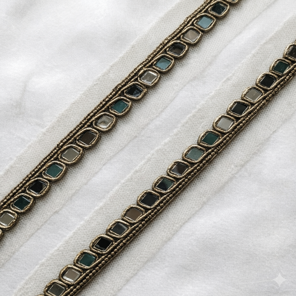 Geometric Mirror Work Handcrafted Lace Trim Border