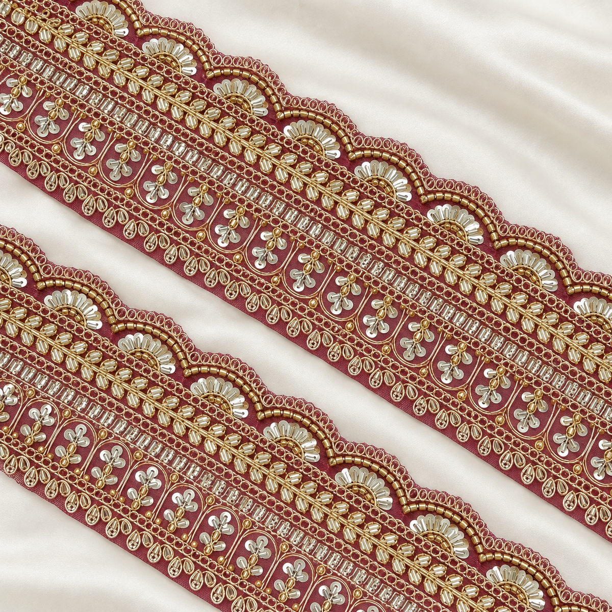 Scalloped Floral Bugle Bead and Sequin Embroidered Wide Lace Border