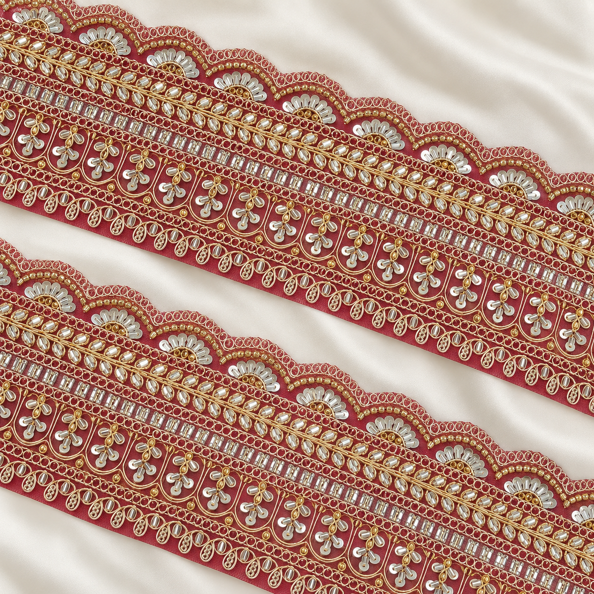 Scalloped Floral Bugle Bead and Sequin Embroidered Wide Lace Border