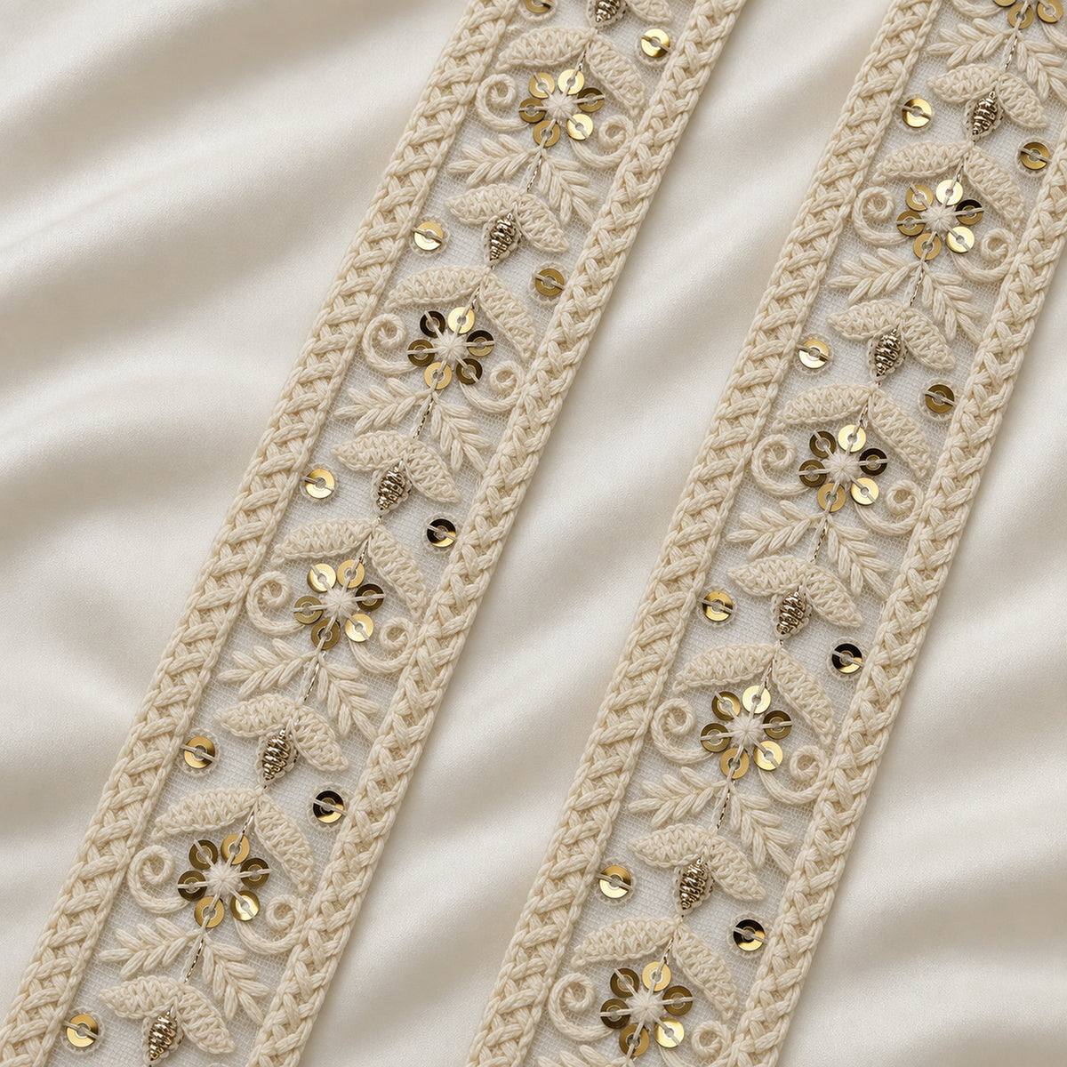 Ornate Floral Scroll Sequin Embroidered Lace Border
