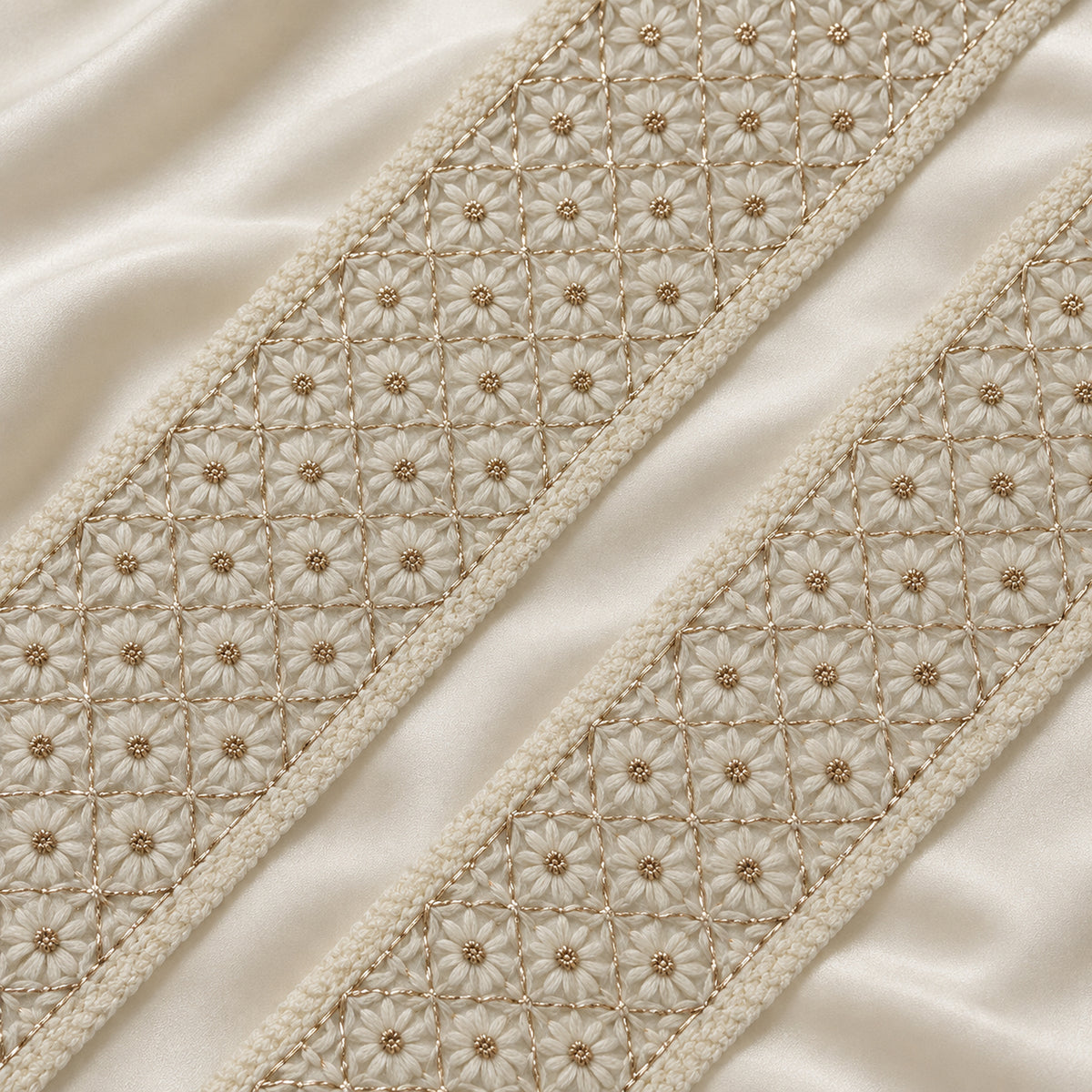 Diamond Lattice Floral Handcrafted Embroidered Lace Border