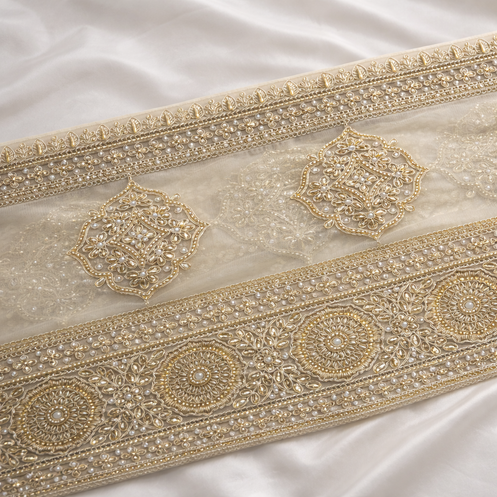 Handcrafted Embroidered Lace Border with Ornamental Motifs and Designer Patch