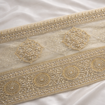Handcrafted Embroidered Lace Border with Ornamental Motifs and Designer Patch