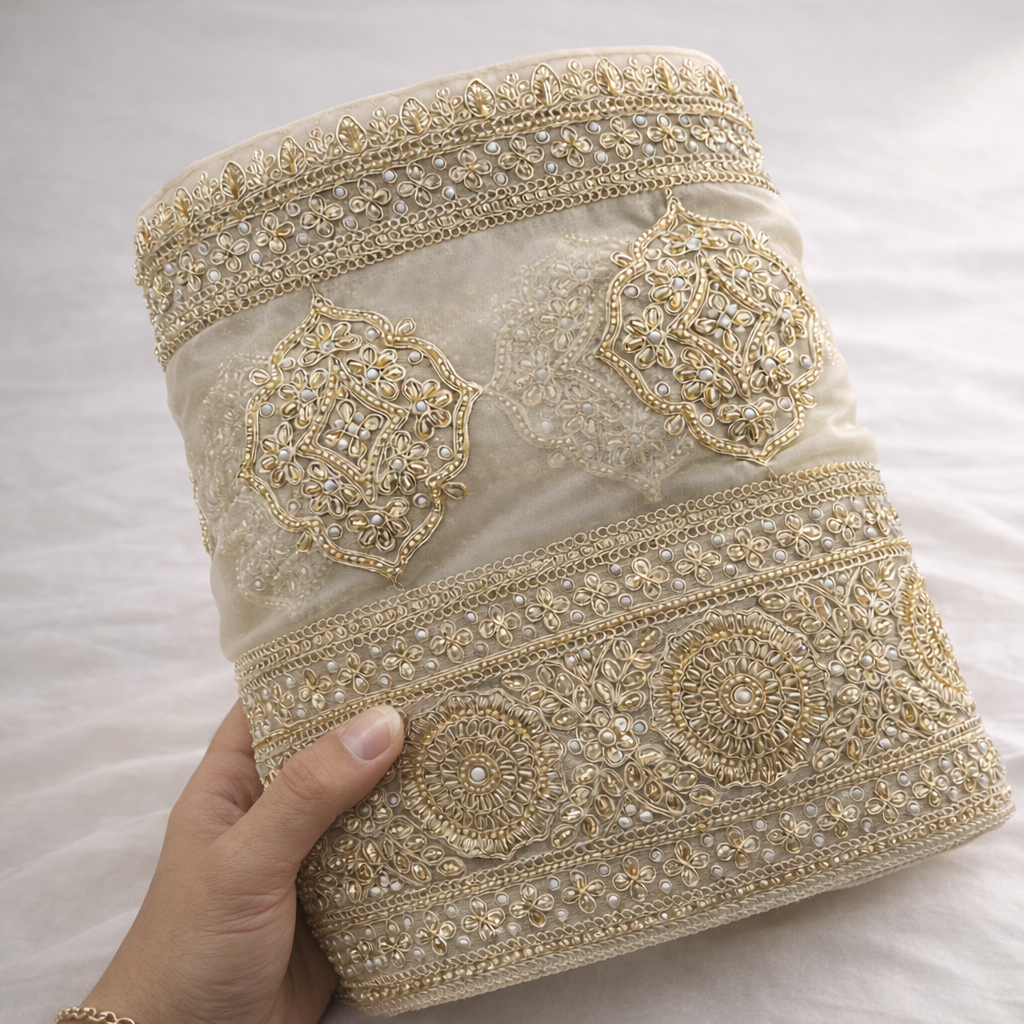 Handcrafted Embroidered Lace Border with Ornamental Motifs and Designer Patch