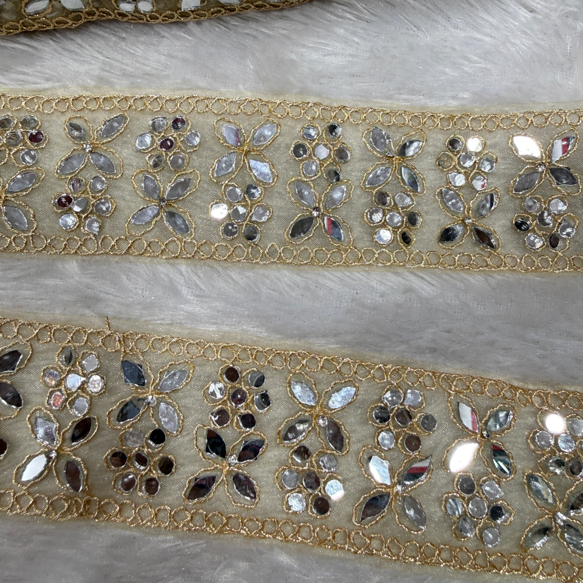Gold Mirror Work Lace Border with Floral Motifs for Festive Designer Wear