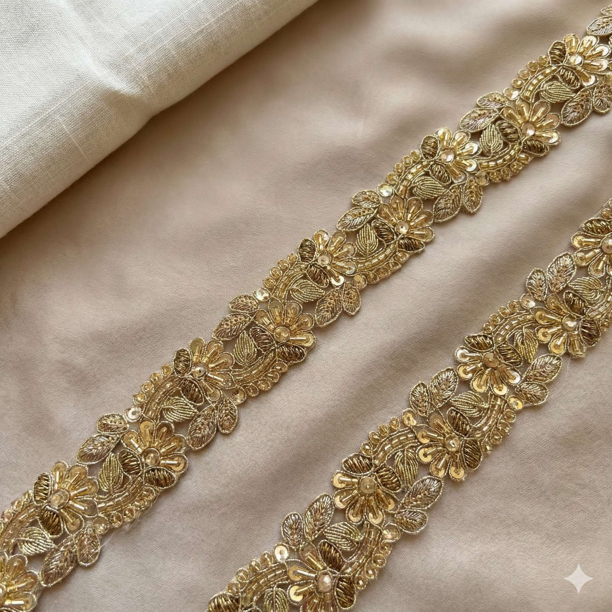 Gold Floral Zari & Sequin Embroidered Lace Trim