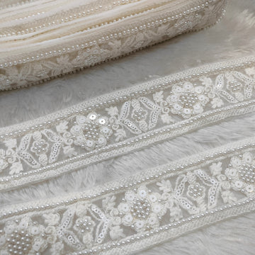 Ivory White Pearl & Sequin Floral Embroidery Lace Trim