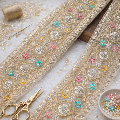 Beige Multicolor Handcrafted Lace Border with Pearl, Sequin and Floral Cutwork Detailing hover
