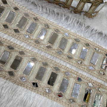 Ivory & Gold Mirror Work Lace Border with Geometric Detailing for Designer Wear