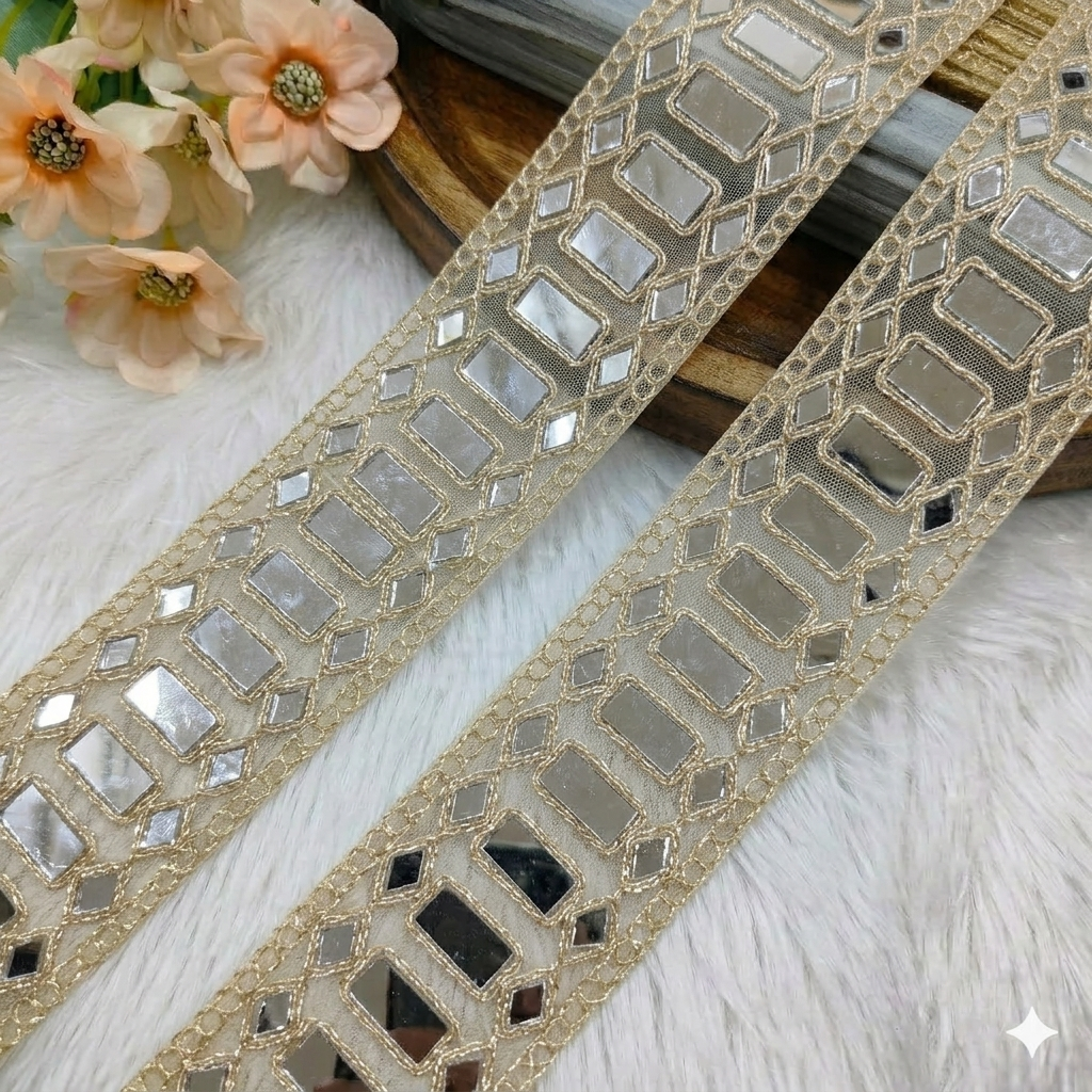 Handcrafted Mirror Work Lace Border with Geometric Embroidery Design