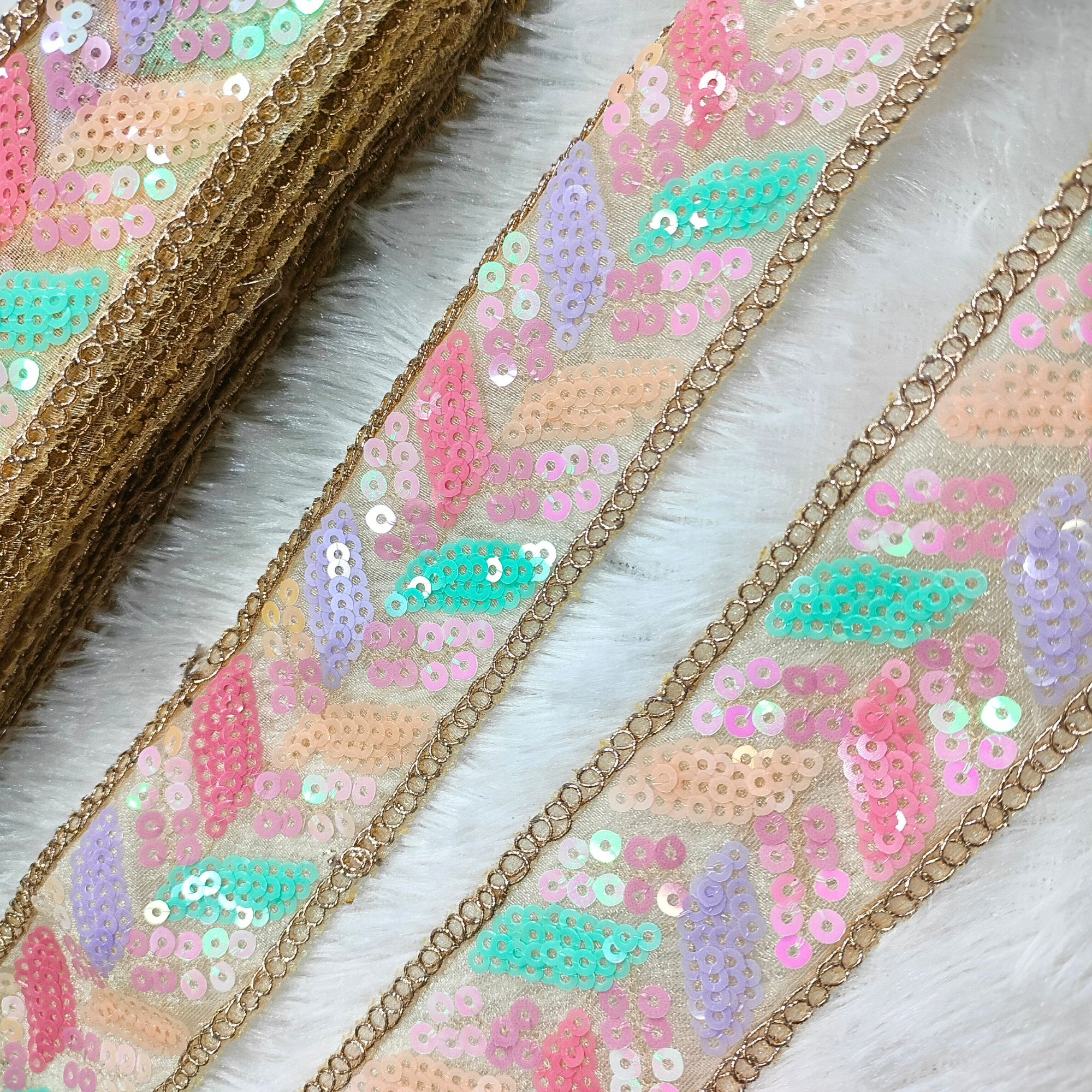 Pastel Rainbow Sequin Embroidered Net Lace Trim
