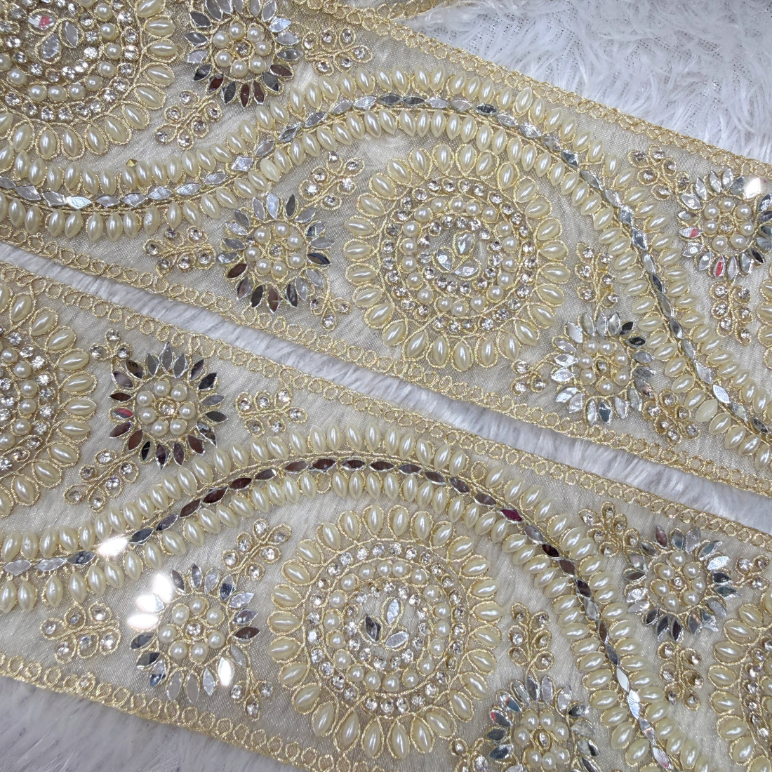 Handcrafted Pearl and Mirror Embroidered Lace Border with Floral Motif Design