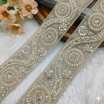 Ivory & Gold Pearl Lace Border with Mirror Work and Floral Stone Detailing