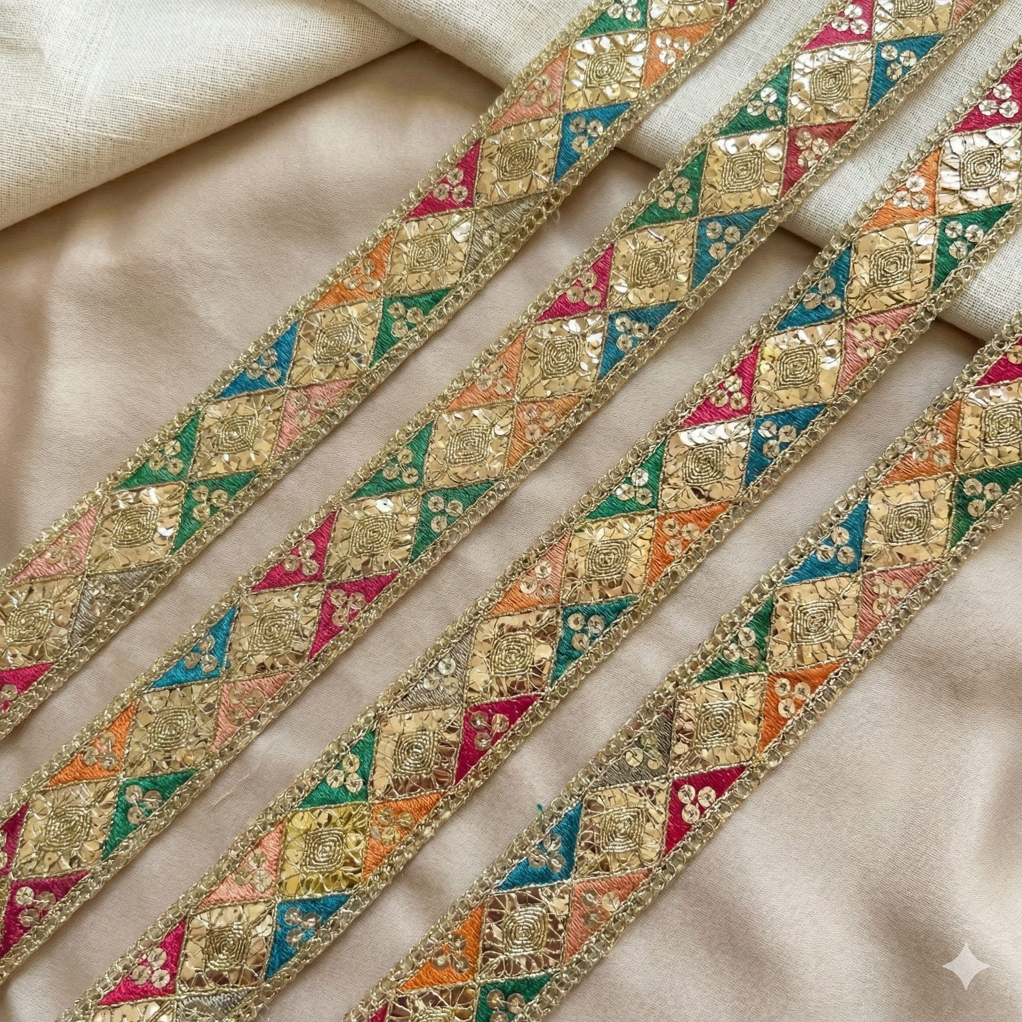 Multicolour Square Motif Zari Embroidered Lace Border