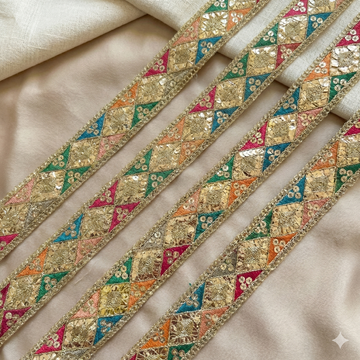 Multicolour Square Motif Zari Embroidered Lace Border