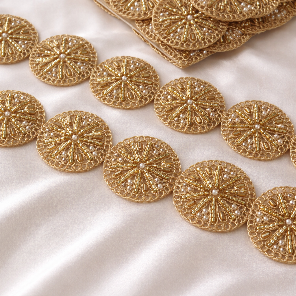 Round Handcrafted Patch Trim with Pearl, Bead & Zari Work for Bridal Designer Wear