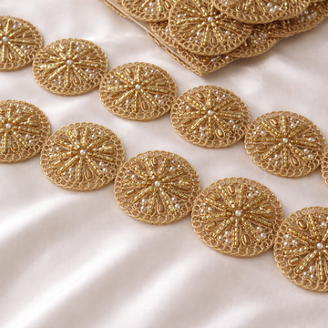 Round Handcrafted Patch Trim with Pearl, Bead & Zari Work for Bridal Designer Wear