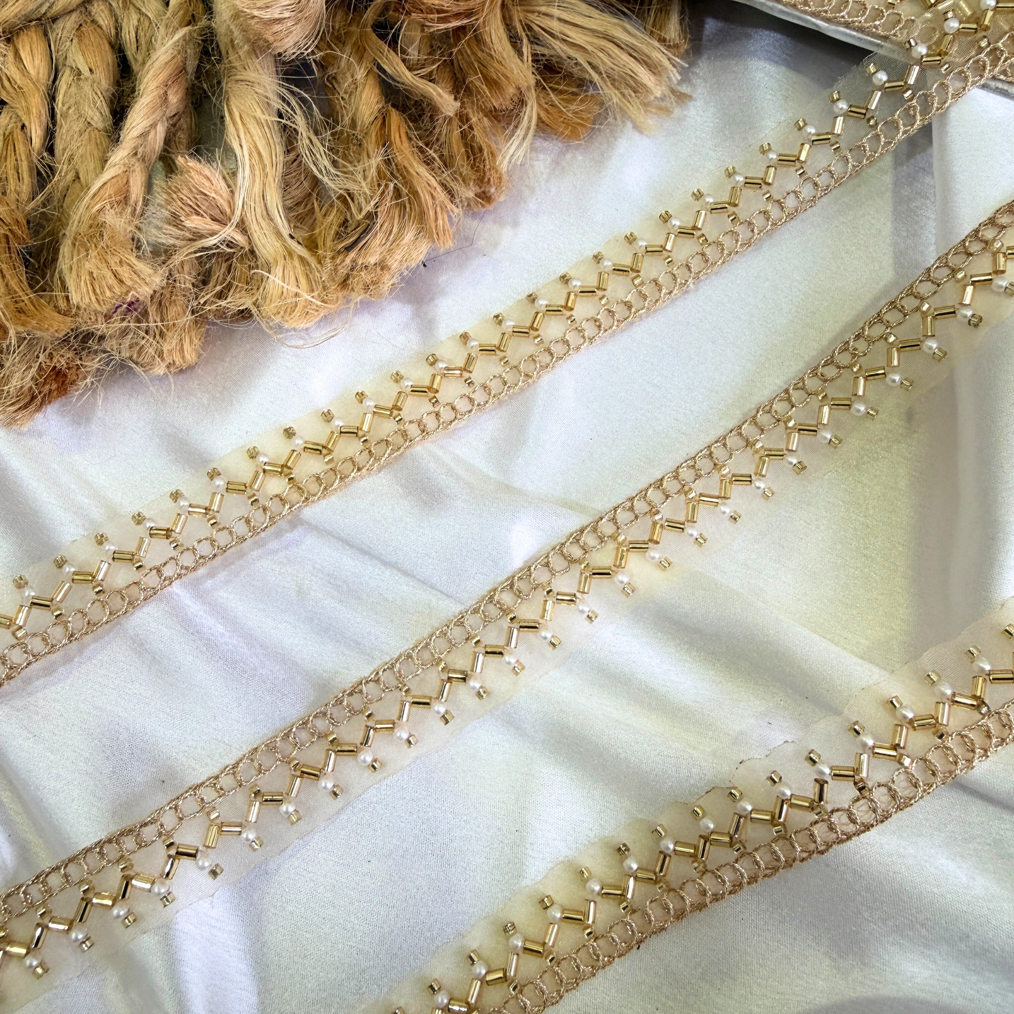 Gold Beaded Linear Embroidered Lace Trim