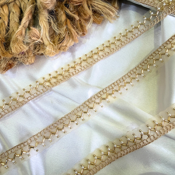 Gold Beaded Linear Embroidered Lace Trim