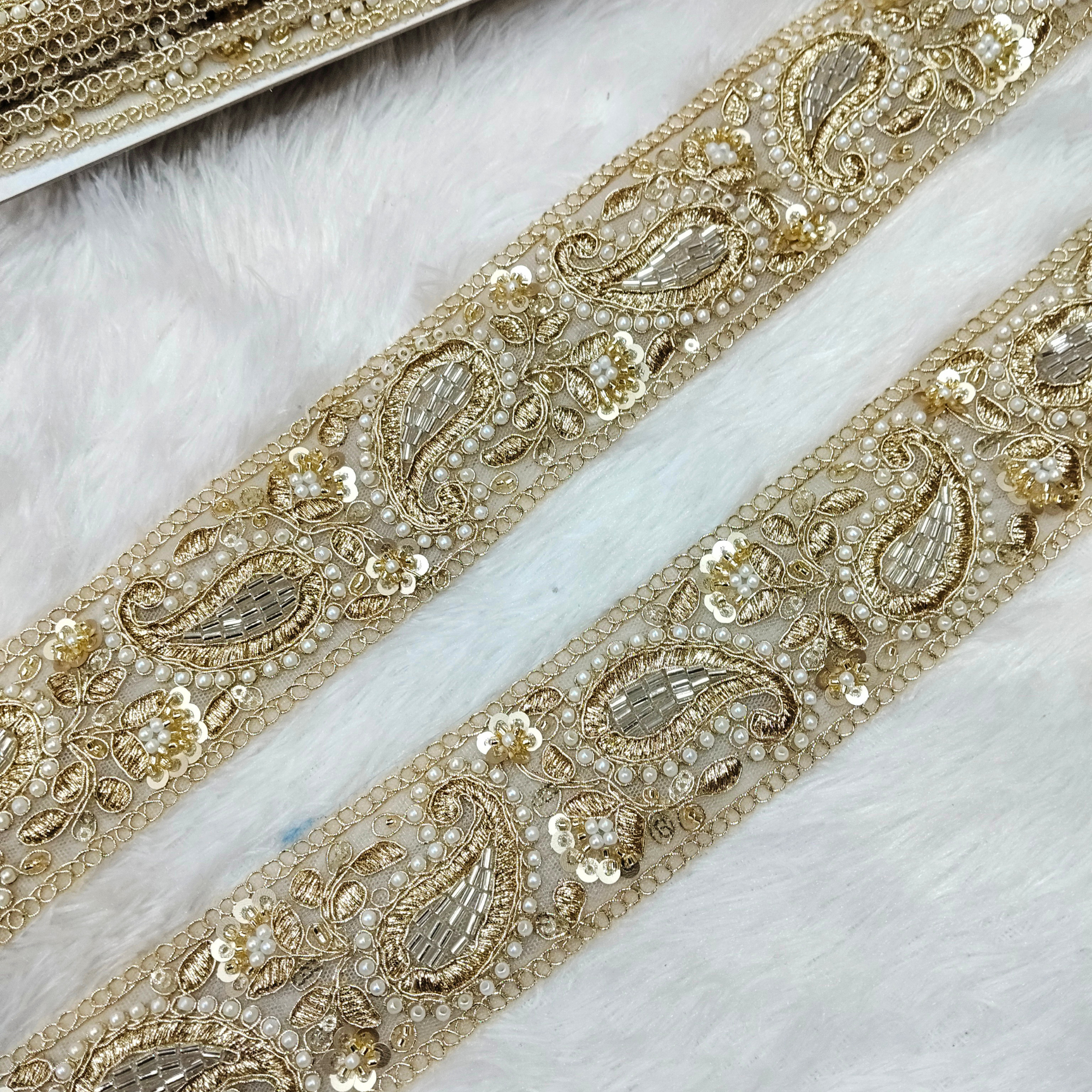 Paisley Embroidered Lace Border with Pearl, Bead & Sequin Work for Bridal Wear