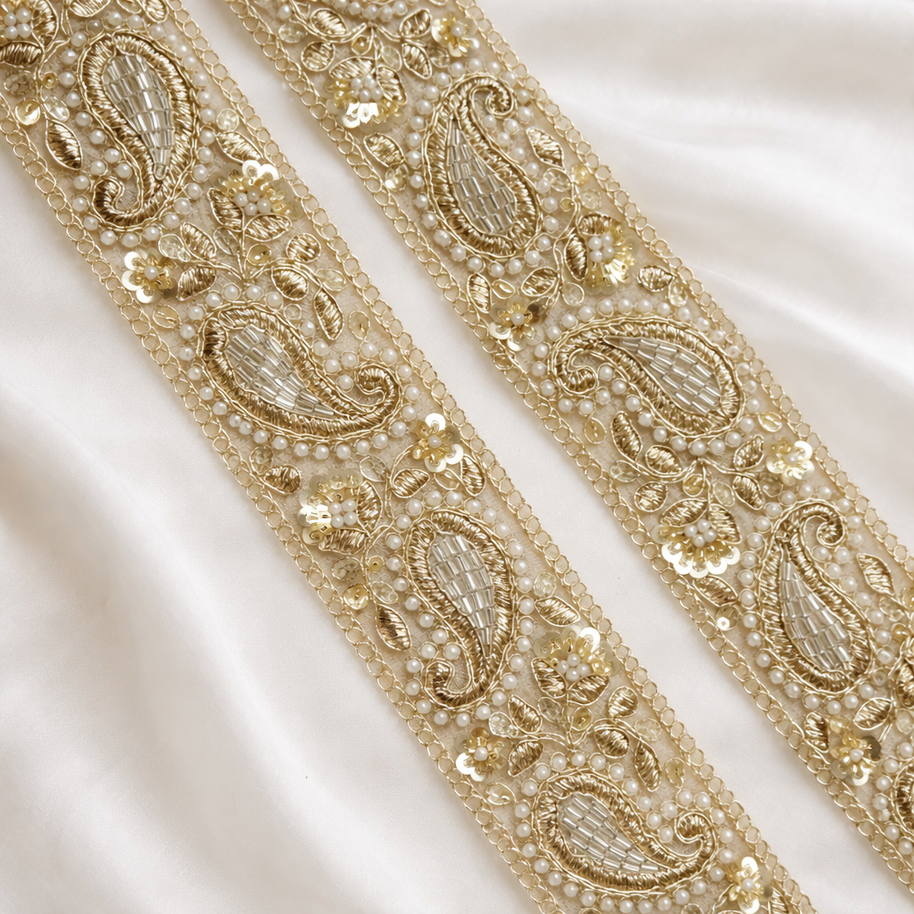 Paisley Embroidered Lace Border with Pearl, Bead & Sequin Work for Bridal Wear
