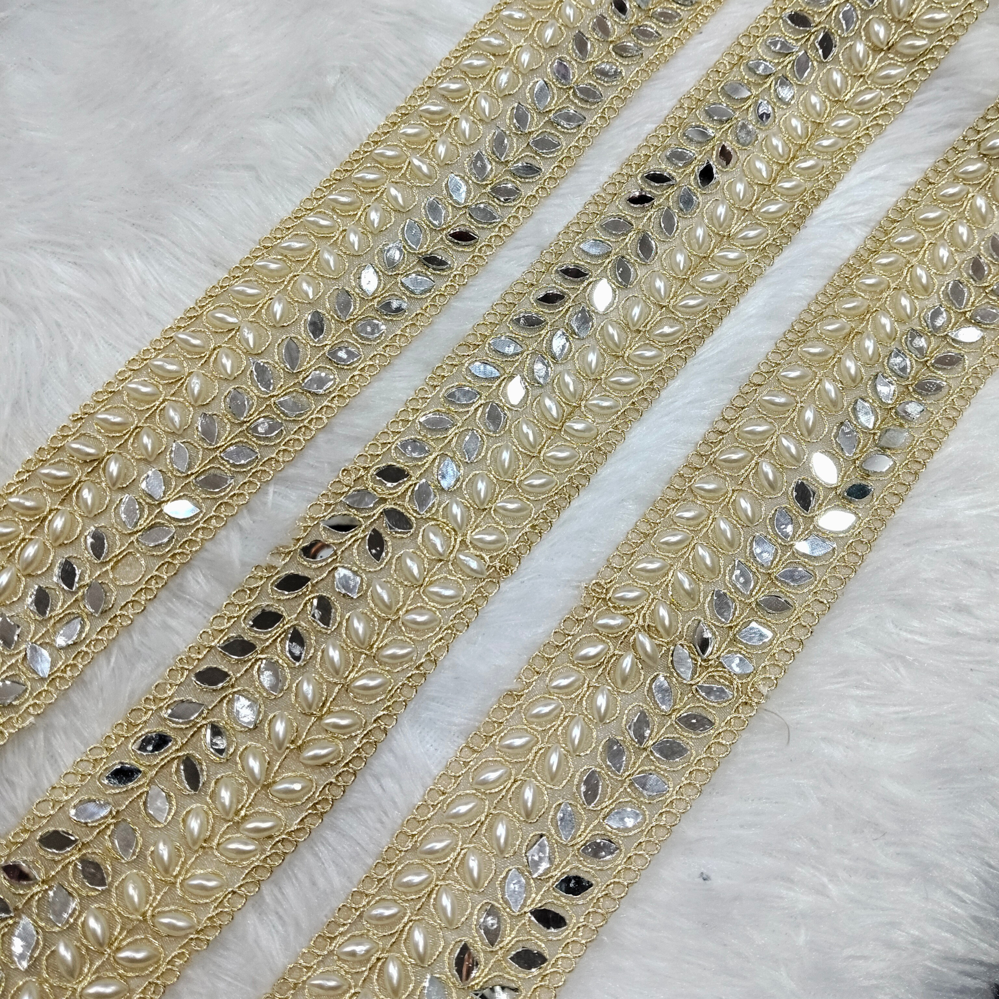 Mirror & Pearl Lace Trim with Leaf Motif Work for Ethnic Designer Wear