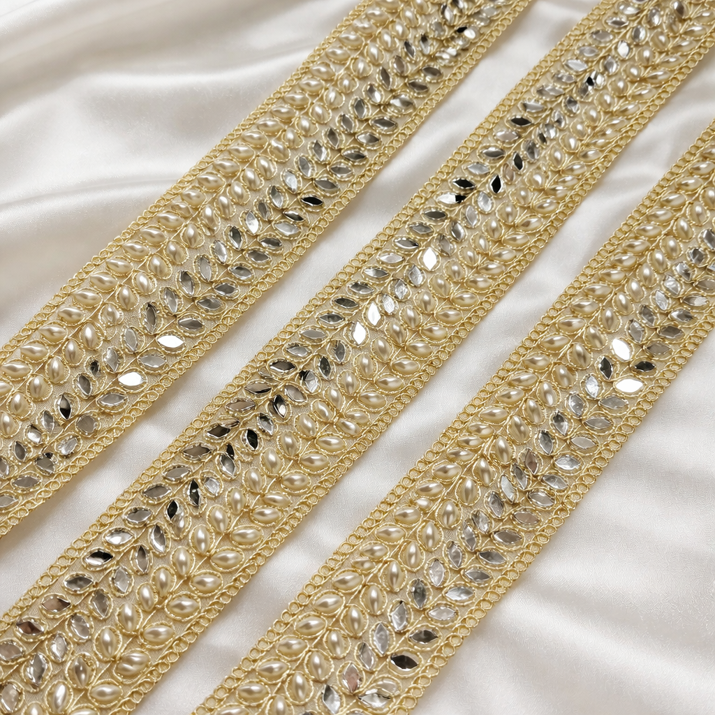 Mirror & Pearl Lace Trim with Leaf Motif Work for Ethnic Designer Wear