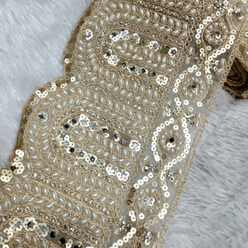 Gold & Pearl Paisley Pearl & Sequin Lace with Stone Detailing for Bridal Wear