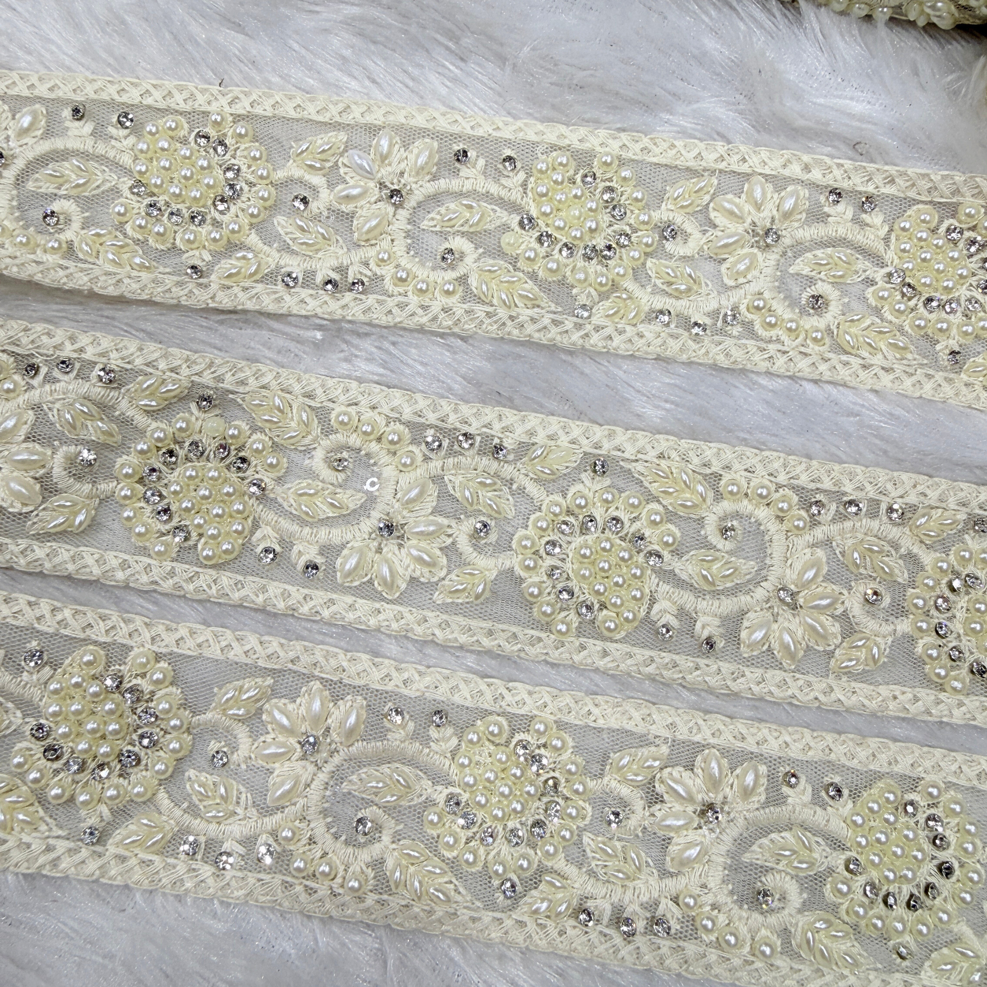 Ivory Pearl Floral Embroidered Lace Border with Stone Work for Bridal Wear