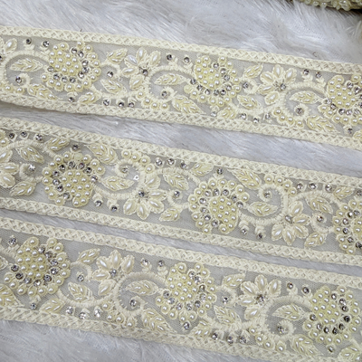 Luxury Pearl & Embroidered Floral Lace Border