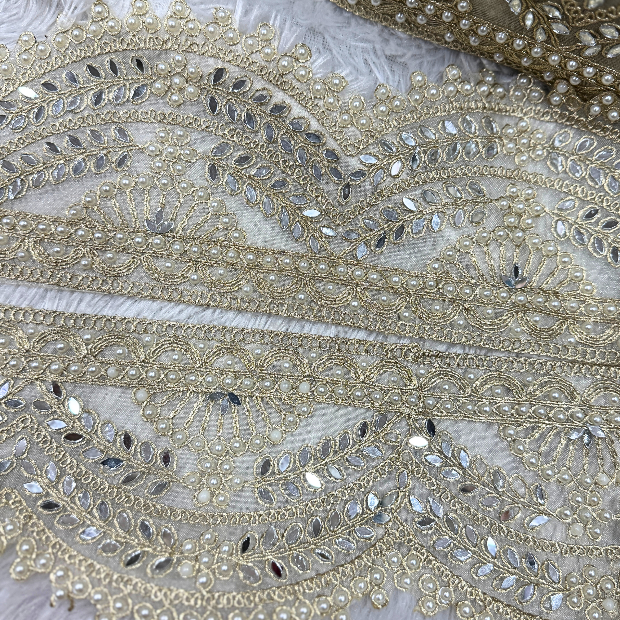 Ivory Gold Mirror & Pearl Embroidered Lace Border with Floral Scallop Work for Bridal Wear