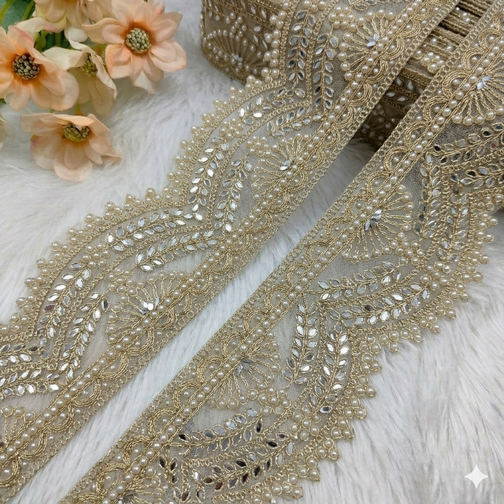 Ivory Gold Mirror & Pearl Embroidered Lace Border with Floral Scallop Work for Bridal Wear