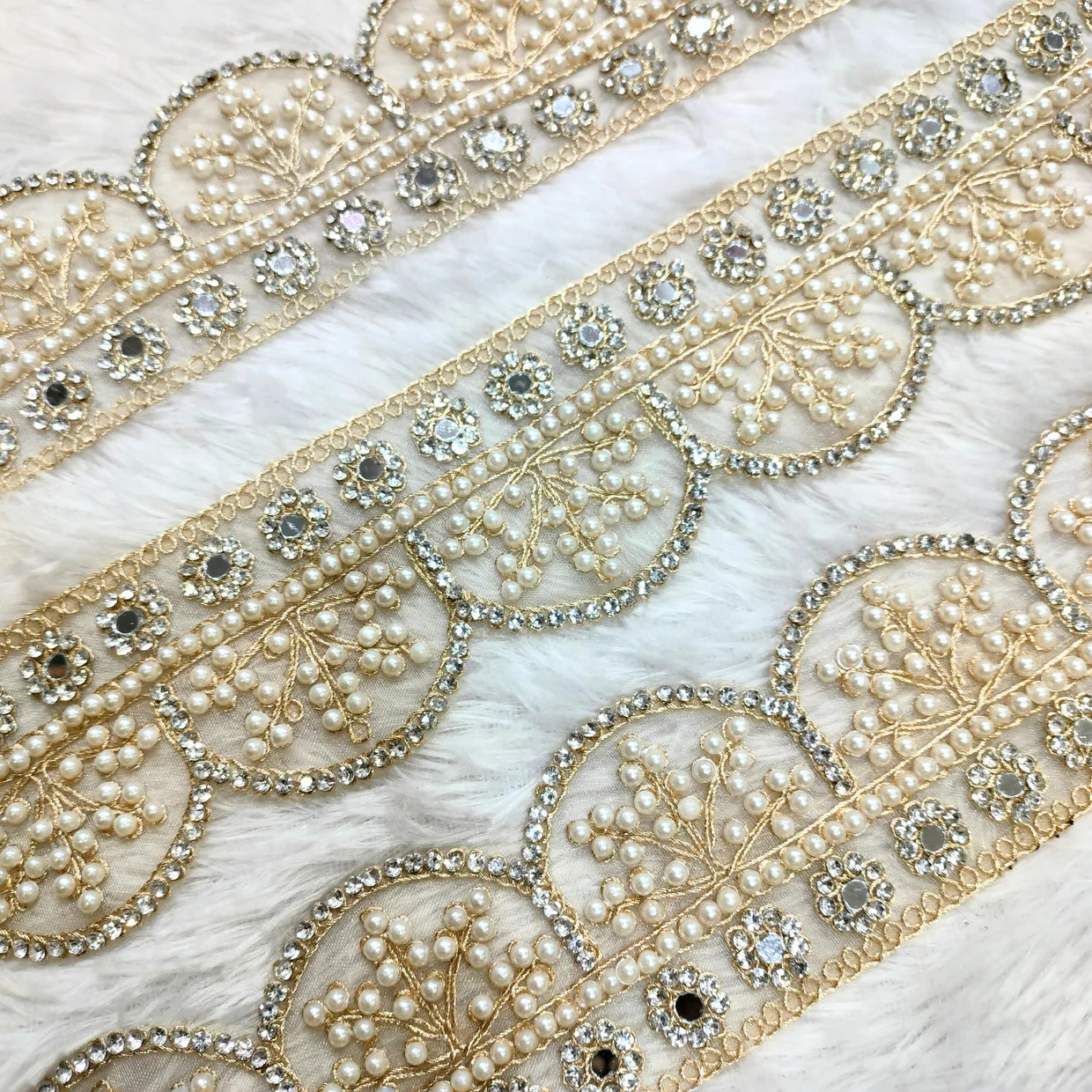 Pearl & Stone Embellished Scalloped Lace Border for Bridal & Designer Wear