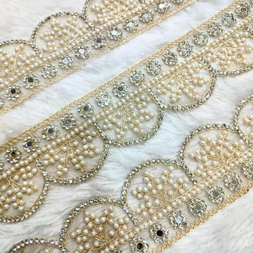 Pearl & Stone Embellished Scalloped Lace Border for Bridal & Designer Wear