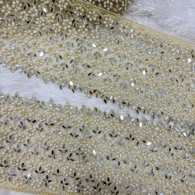 Golden Work Mirror & Pearl Embroidered Lace Border