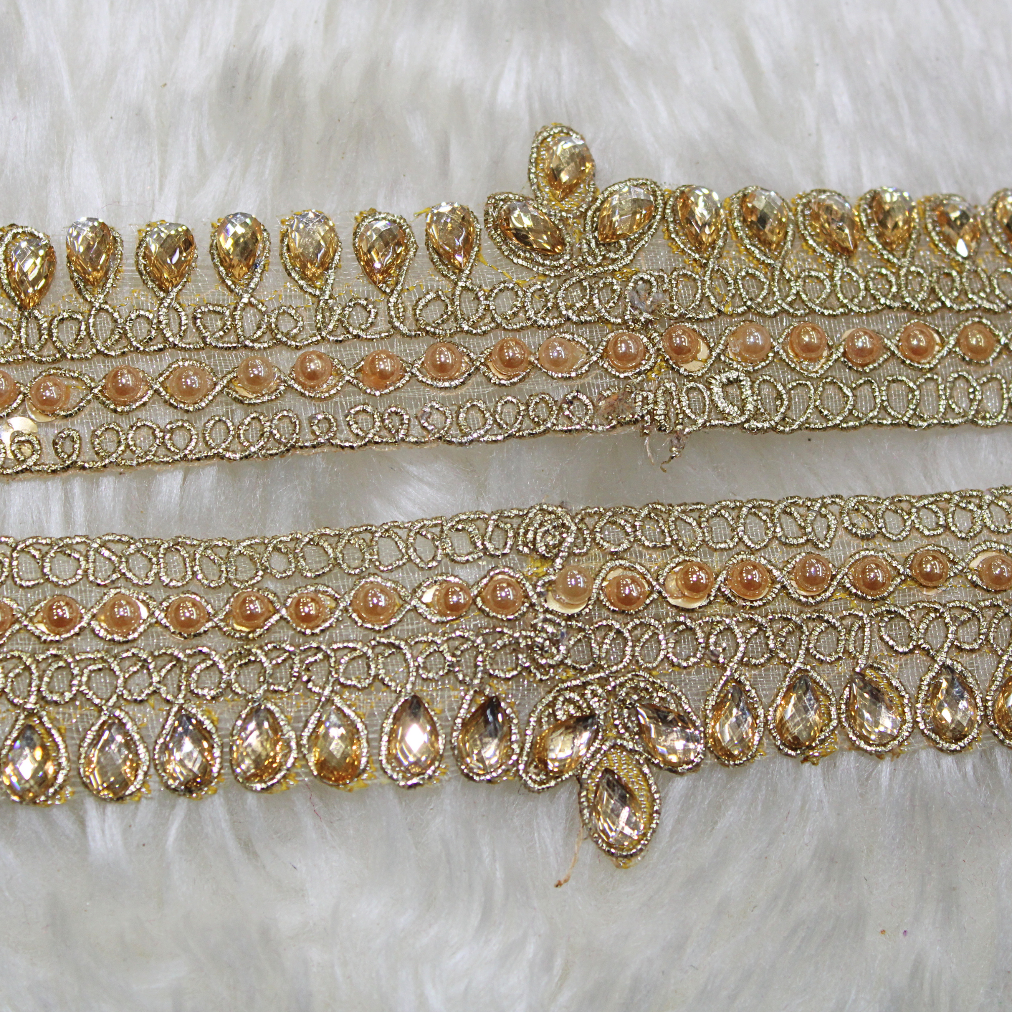 Teardrop Stone & Pearl Embellished Lace Border for Bridal & Designer Wear