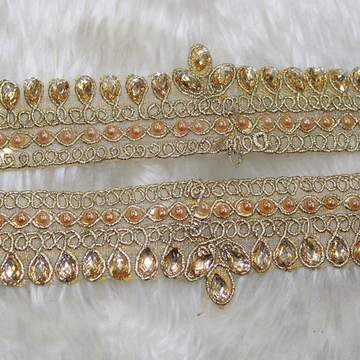 Teardrop Stone & Pearl Embellished Lace Border for Bridal & Designer Wear