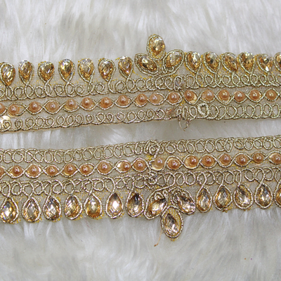 Teardrop Stone & Pearl Embellished Lace Border for Bridal & Designer Wear