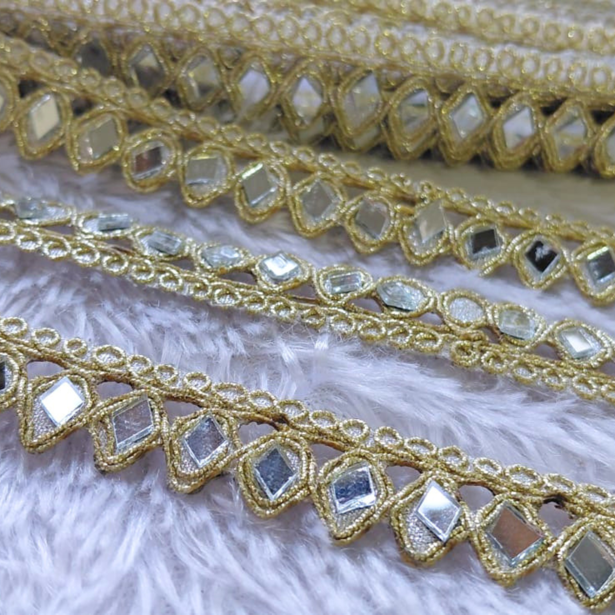Gold Mirror Work Lace Trim with Diamond Motif Embroidery for Ethnic Wear