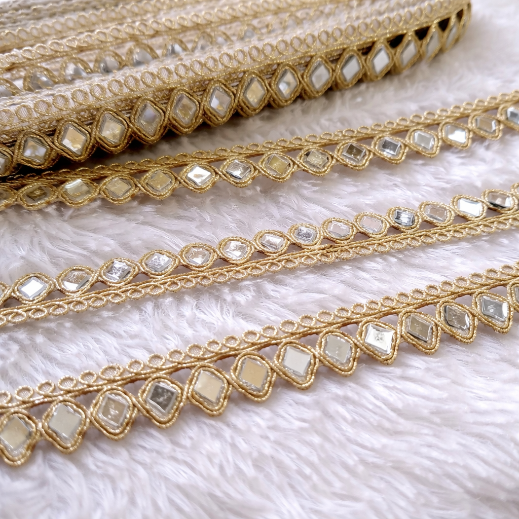Gold Mirror Work Lace Trim with Diamond Motif Embroidery for Ethnic Wear