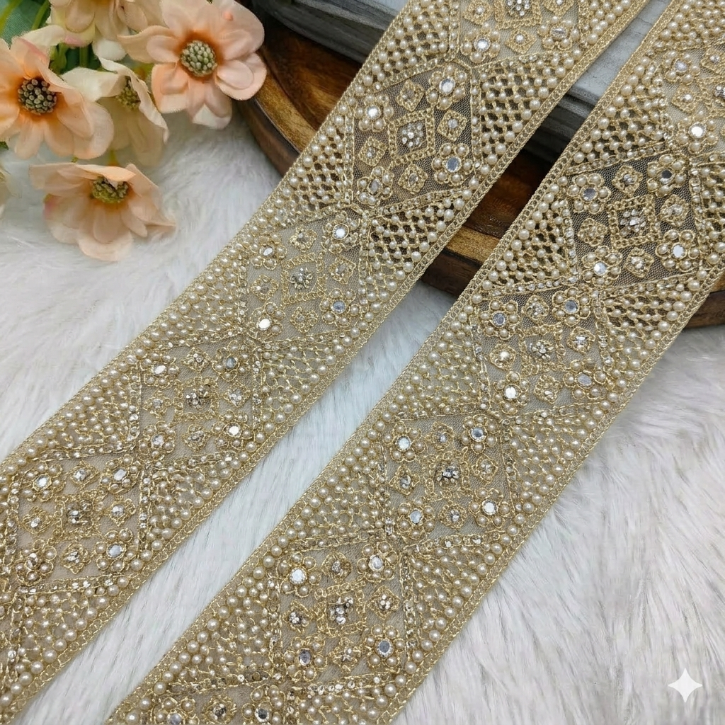 Handcrafted Pearl and Stone Embroidered Lace Border with Geometric Floral Design