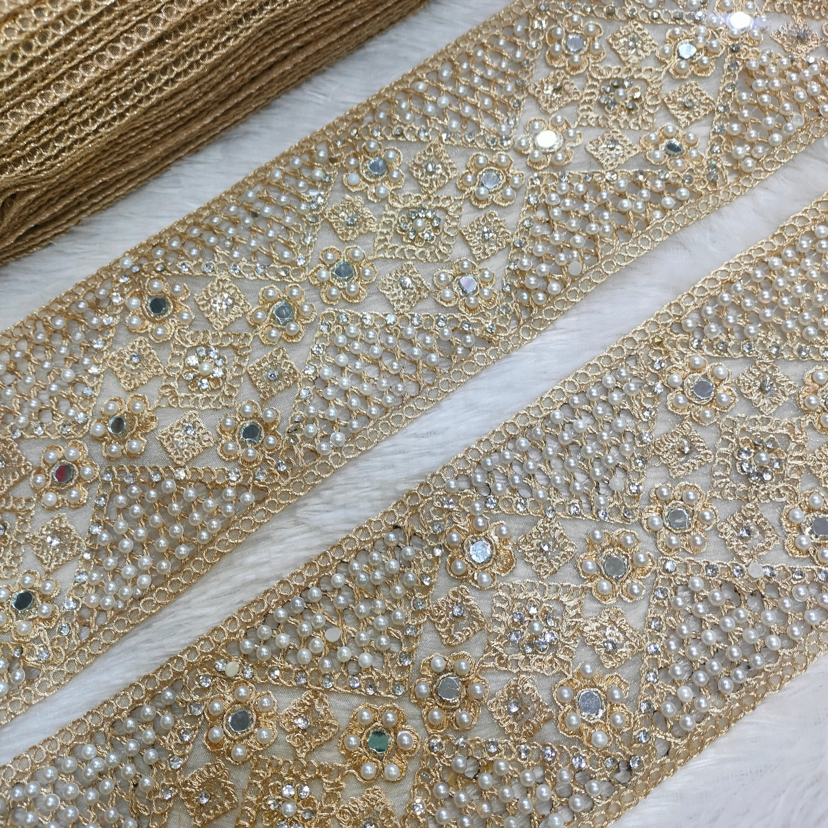 Ivory Gold Pearl Embroidered Lace Border with Geometric & Floral Stone Work for Bridal Wear